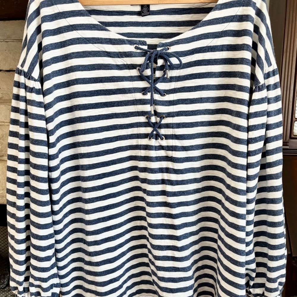 CHAPS Striped Navy and White Lace-Up Top
